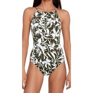 Lauren Ralph Lauren Floral Print One Piece Swimsuit - Olive and White